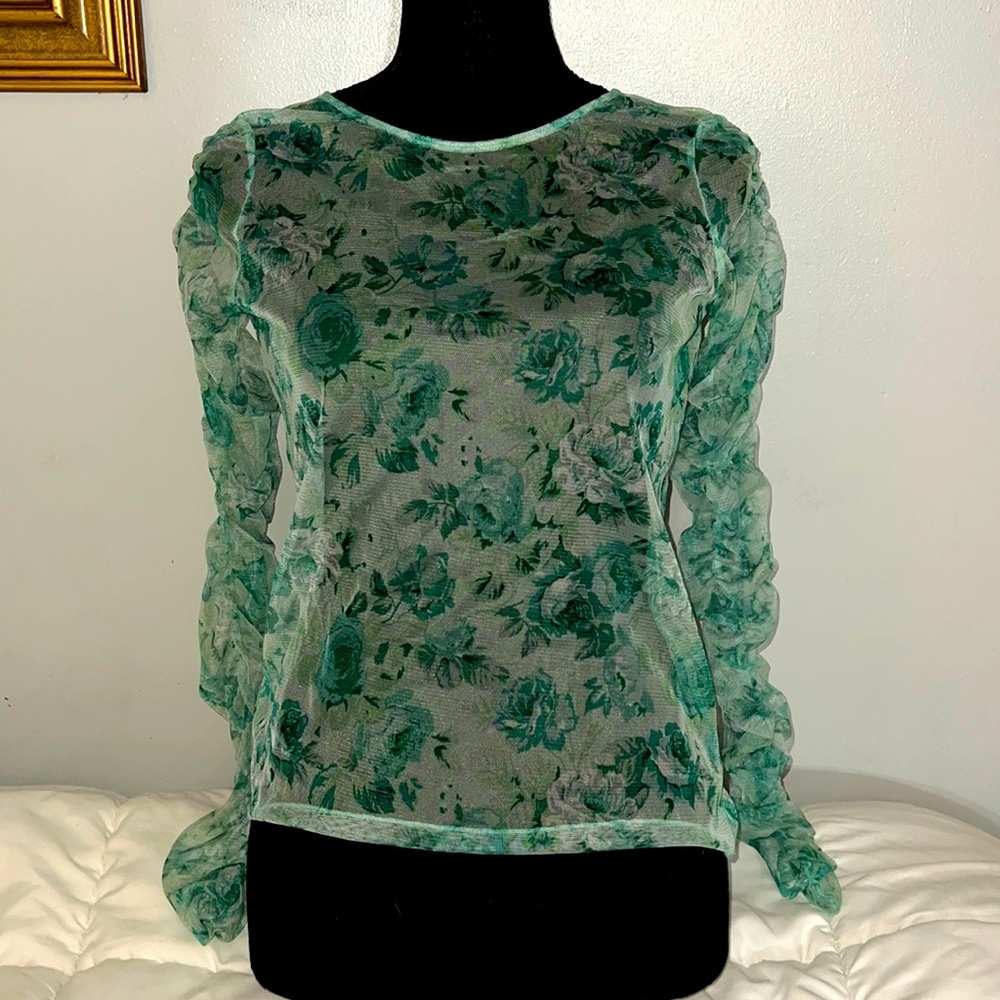 Zara Green Sheer Ruched sleeved Floral Shirt